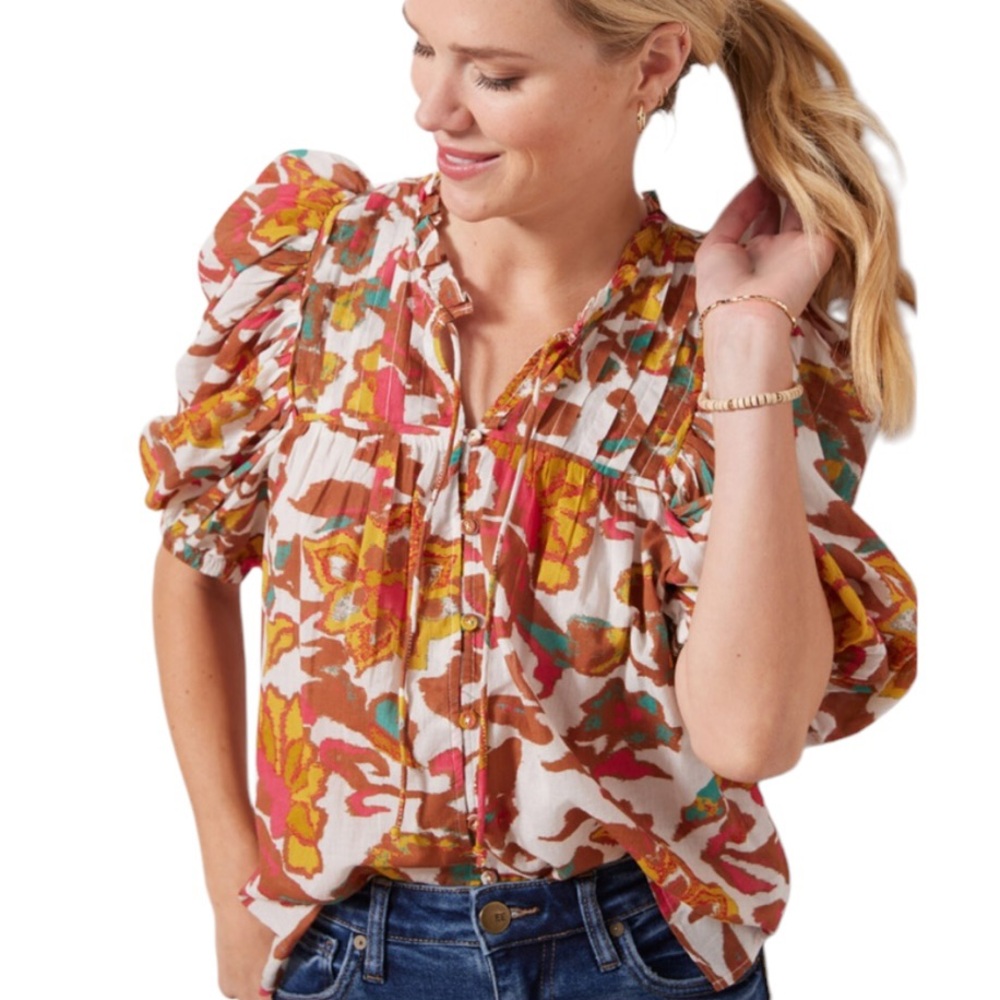 Cleobella Zola Floral Print Ruched Puff Sleeve Tie Neck Blouse in Shea - S